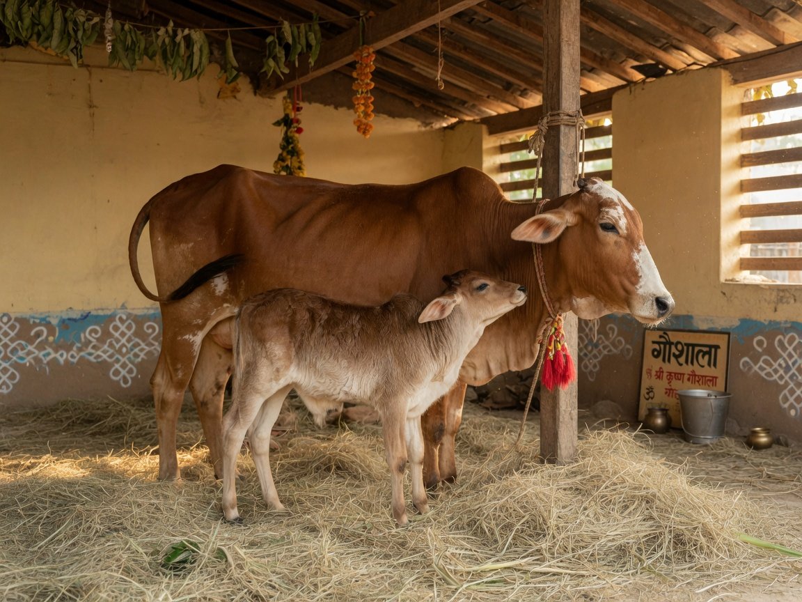 Mother Indian cow with calf in gaushala