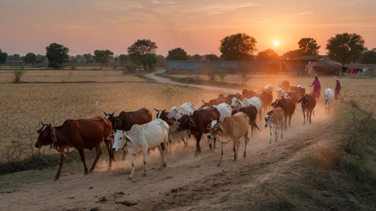 Herd of Indian desi cows — green fodder drive