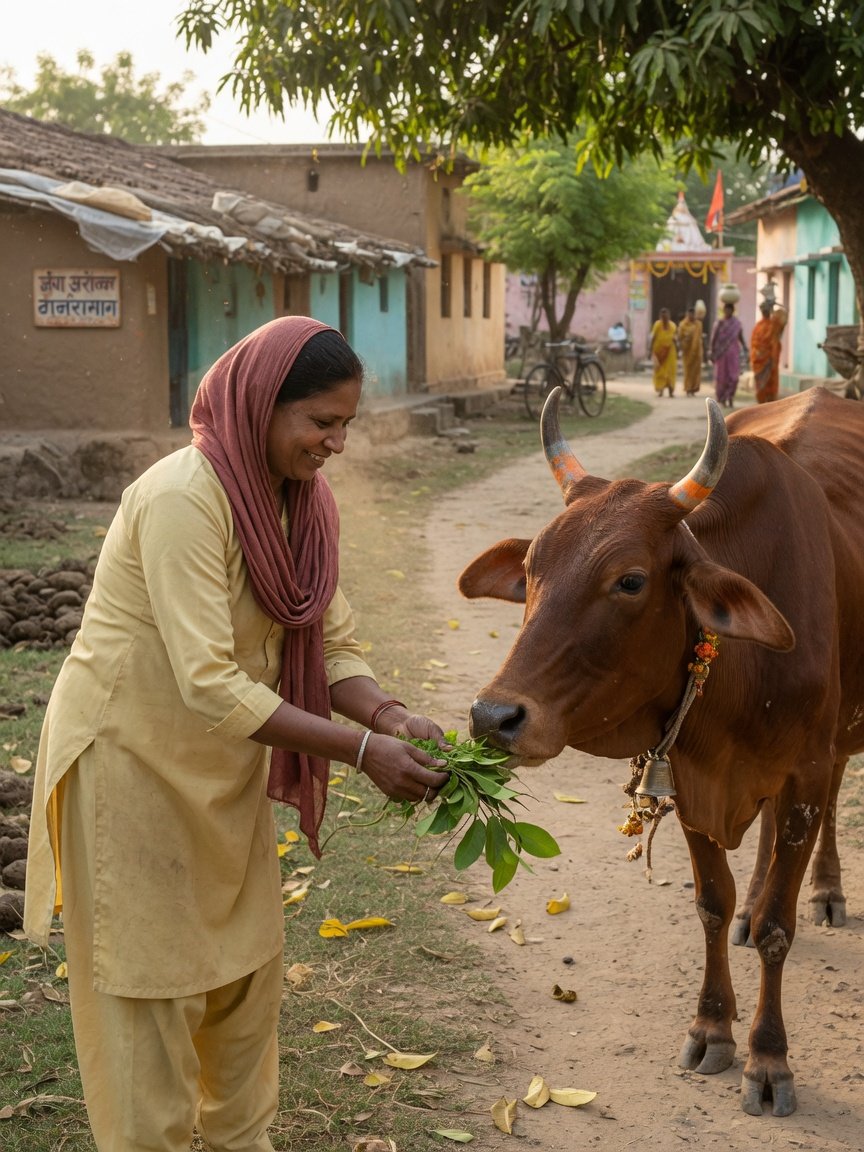 Volunteer offering green leaves to brown Indian desi cow