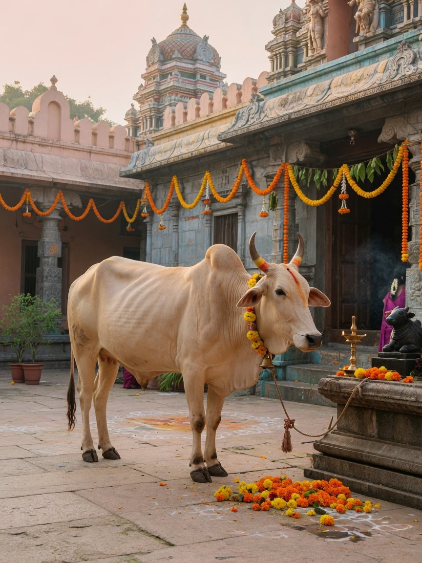 Indian cow near temple — our Gau Seva mission