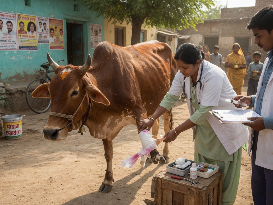 Veterinarian bandaging injured Indian cow leg