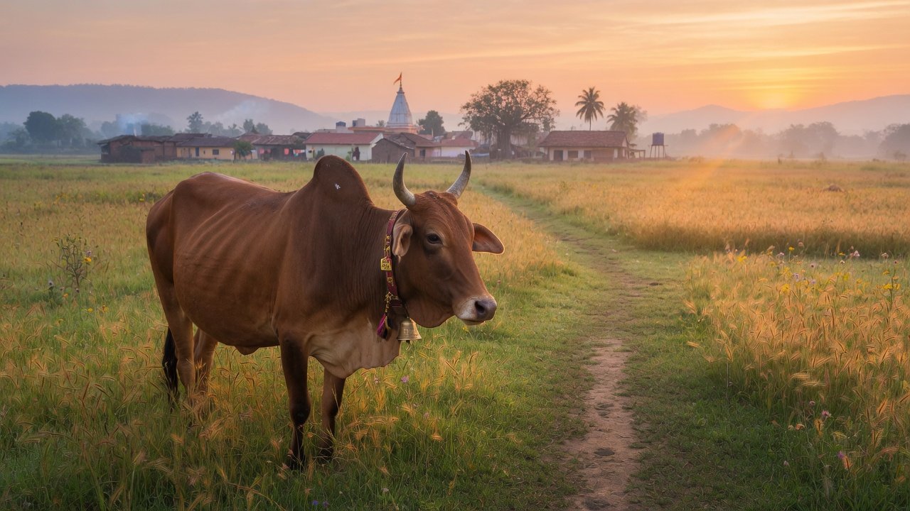 Beautiful Indian desi cow at sunrise in rural India field