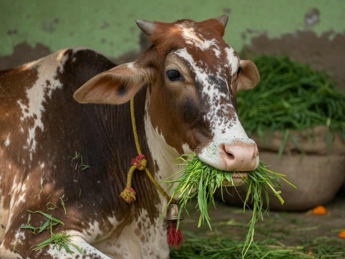 Indian desi cow eating fresh green fodder