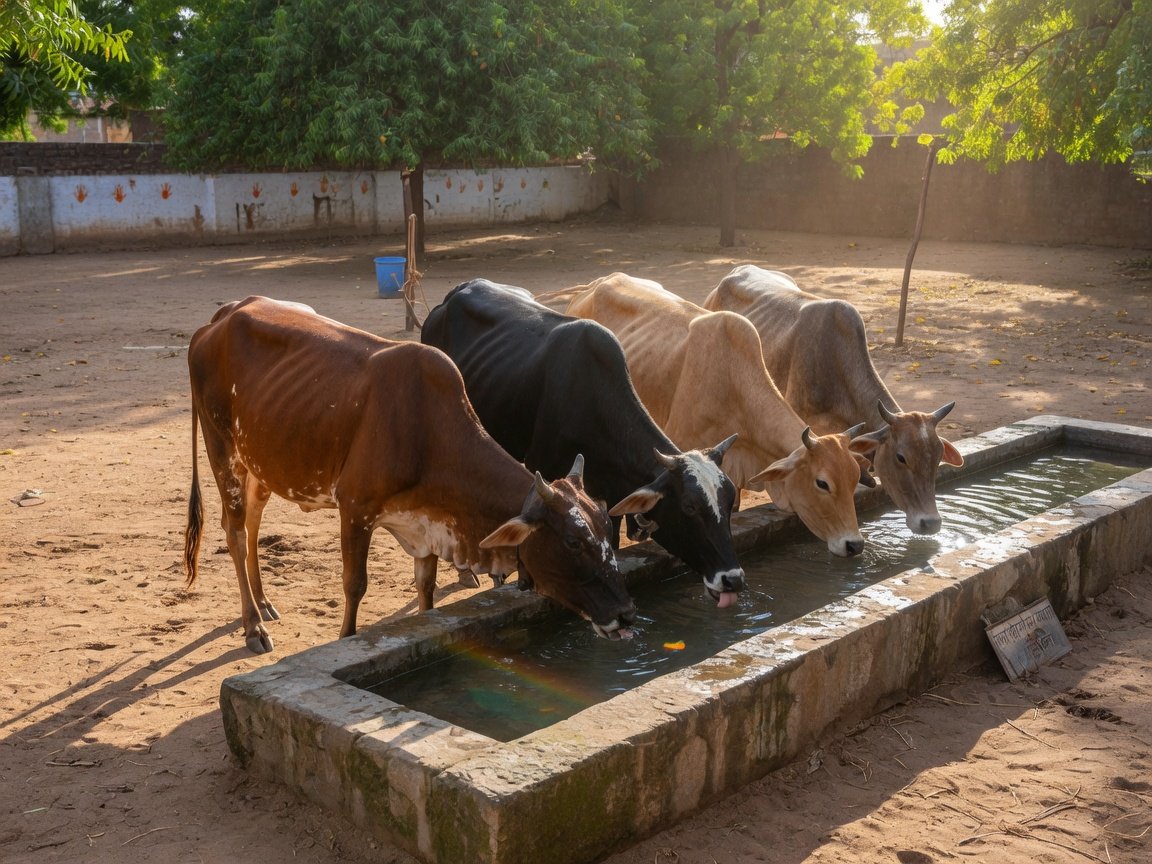 Indian desi cows drinking clean water from trough
