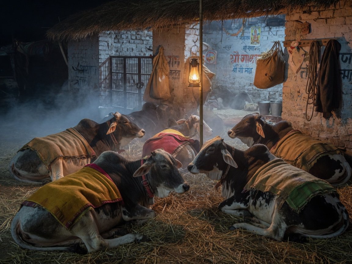 Indian cows with warm blankets in winter gaushala