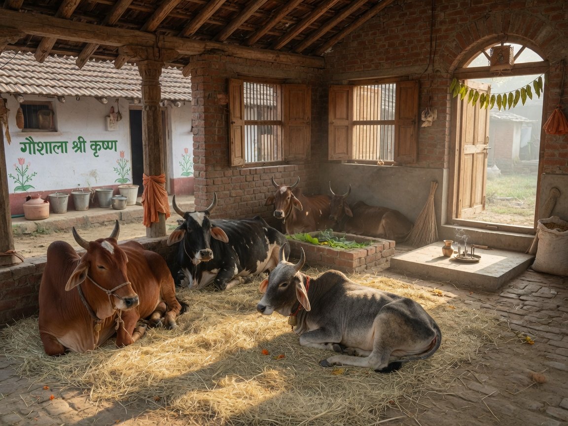 Traditional Indian gaushala shelter with desi cows